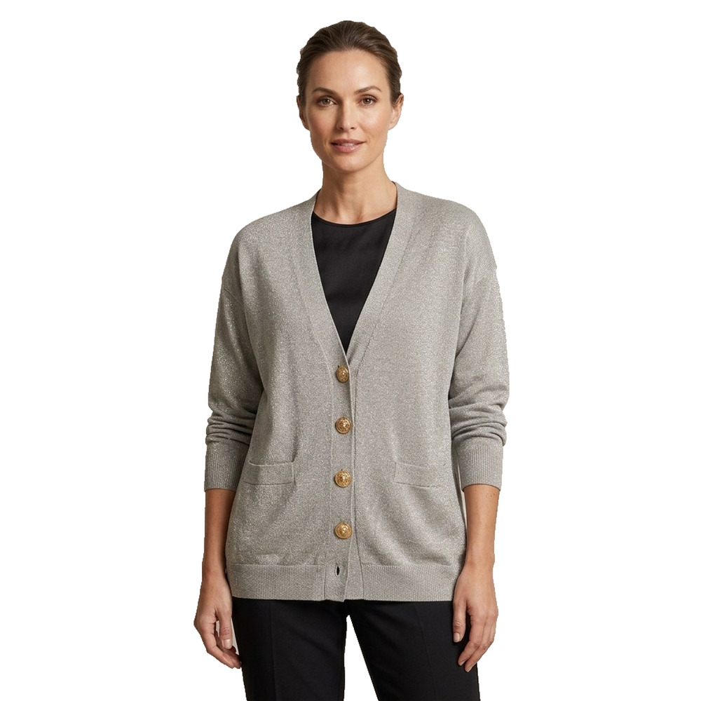 Donna Karan New York Cardigan Sweater Women Large Gray Metallic Gold Button NWT